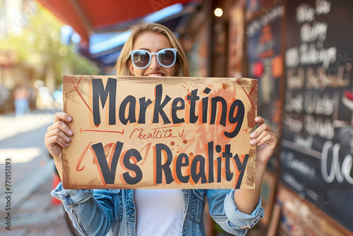 Happy young woman wearing sunglasses holds a cardboard sign with text marketing vs reality. © PrettyStock