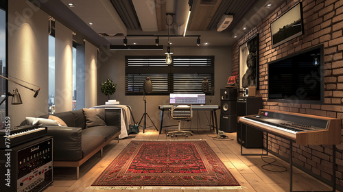 A modern music studio with soundproof walls, professional recording equipment, and a cozy lounge area.