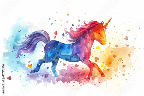 A watercolor painting of a unicorn running.