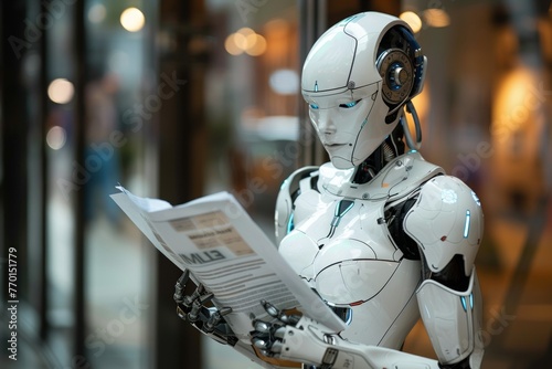 A robot reading a newspaper while wearing headphones.