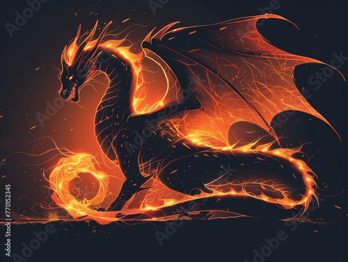 A black and orange dragon with flames on its back. A magical creature made of fire.