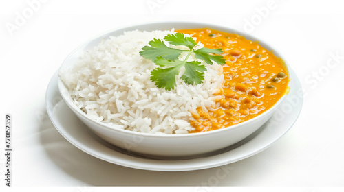Basmati rice with dal curry on white background. Generative Ai