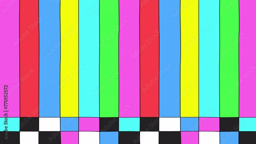 Cartoon animation of no signal color bars tv screen background. Data error, damage, stand by. Retro vintage hand drawn outline comic style.