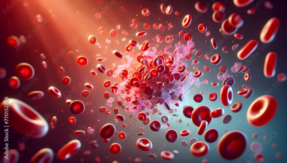 The image is a dynamic and vivid representation of red blood cells with a focus on a central cluster, set against a backdrop of radiant light rays.
The image is a dynamic and vivid representation of red blood cells with a focus on a central cluster, set against a backdrop of radiant light rays.