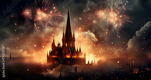 an abstract illustration of fireworks exploding in the air with large spires