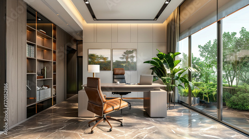A stylish home office with a spacious desk, ergonomic chair, and large windows for natural light. © Image Studio
