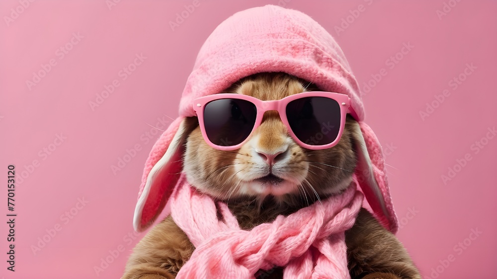 Generative AI - adorable Easter rabbit with a beanie, scarf, and sunglasses against a pink background