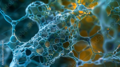 A closeup image of a plant cell membrane showing a complex network of proteins and lipids interwoven together like a tight web.