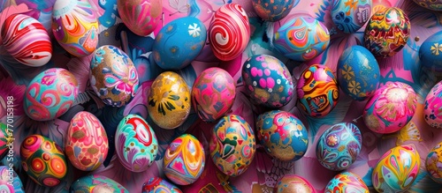 Hand-painted Easter eggs in various colors are displayed as part of a handmade craft project, serving as festive traditional symbols against a spring-themed background. photo