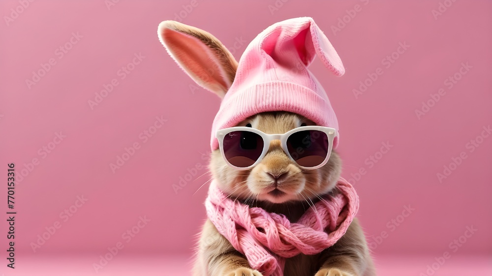 Generative AI - adorable Easter rabbit with a beanie, scarf, and sunglasses against a pink background
