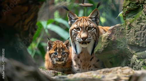 Male lynx and cub portrait with space for text, balanced with object on the right side © Eva