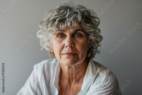 Portrait of a senior woman looking at the camera while standing against grey background