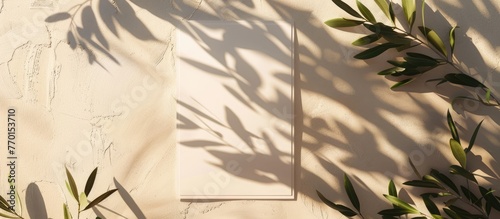 A summer-themed mock-up setting with a blank vertical greeting card featuring the shadow of olive tree leaves and branches. The scene is set on a beige table background in the sunlight 