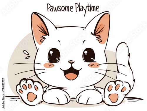 A cartoon white cat with paws on the ground.