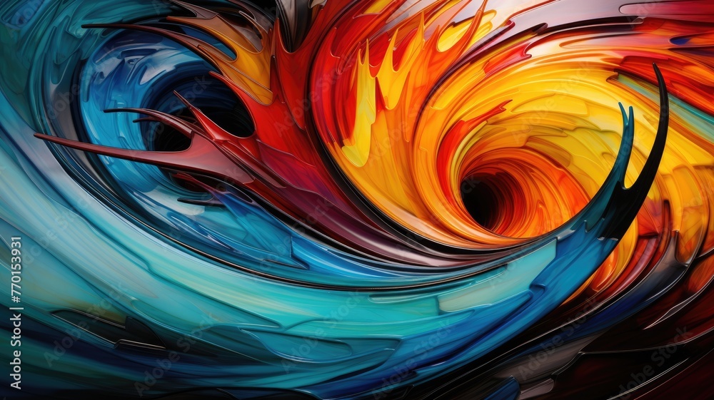 Dynamic abstract artwork with a swirling vortex of vivid paint strokes in a spectrum of fiery reds to cool blues, symbolizing energy and creativity. Dynamic abstract artwork with a swirling vortex of vivid paint strokes in a spectrum of fiery reds to cool blues, symbolizing energy and creativity.