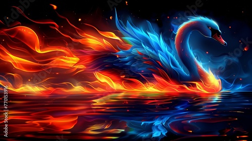A swan is floating in the water with fire around it. A magical creature made of fire on black background.