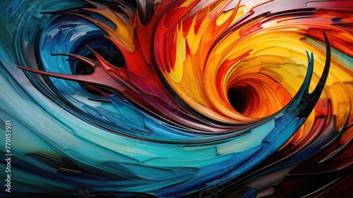 Dynamic abstract artwork with a swirling vortex of vivid paint strokes in a spectrum of fiery reds to cool blues, symbolizing energy and creativity.