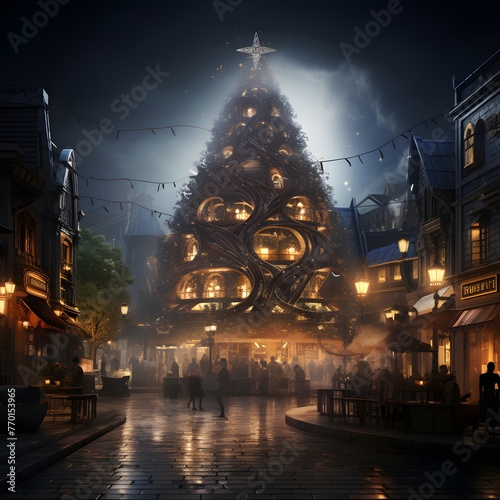 Christmas tree in the center of the old town of Lviv, Ukraine photo