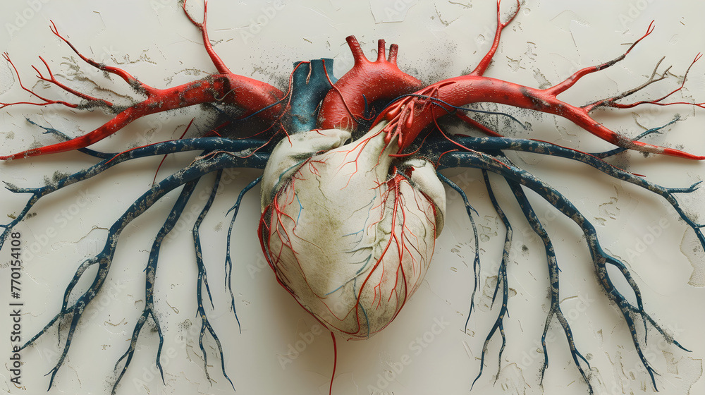 A graphic representation of a human heart with red and blue arteries ...