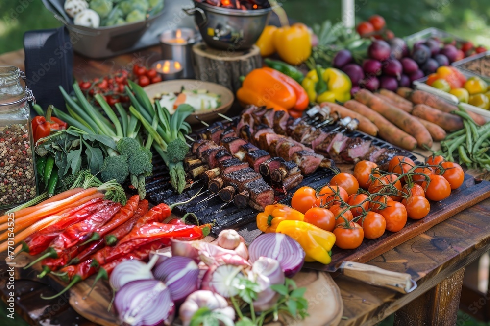 Fire-flavored feast. grilled meat and fresh vegetables for the perfect labor day picnic celebration