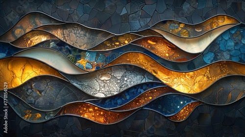 An abstract stained glass piece interweaving blue, gold, and clear glass, creating an impression of flowing water and light.