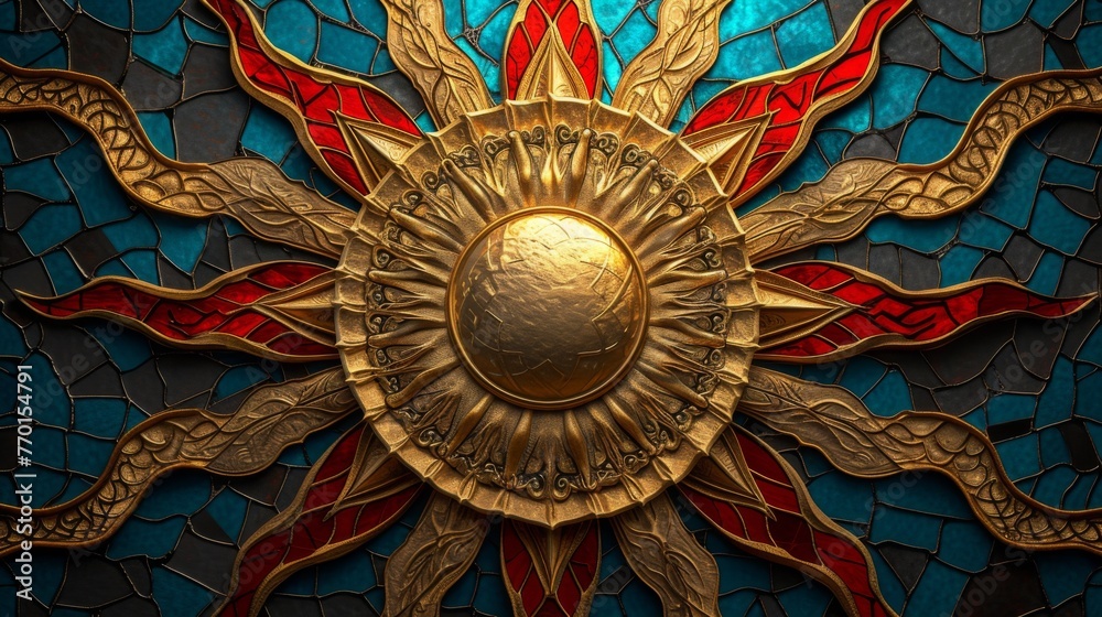 A majestic golden sun mosaic with intricate rays on a textured blue background, symbolizing energy and vitality.