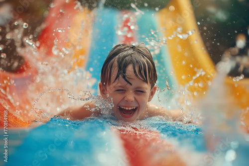 Joyful Child Sliding Down Vibrant Water Slide on Bright Sunny Day © zakiroff