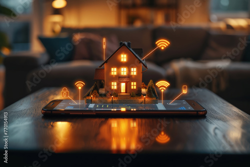 Miniature Smart Home Model on Phone Illustrating Internet of Things Connectivity