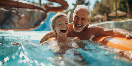 Elderly Couple Enjoying A Fun, Sunny Day Together At A Water Park photo