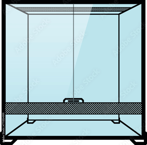 Glass terrarium, paludarium with ventilation grille and two glass doors, Cube terrarium illustration graphic