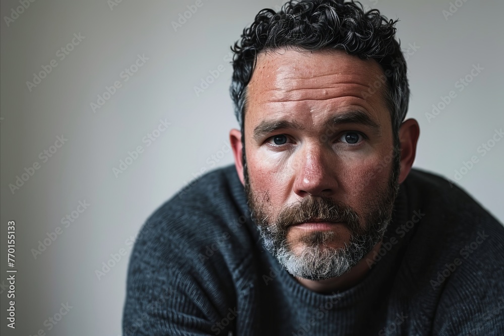 Portrait of a handsome middle aged man with a beard and mustache wearing a grey sweater Portrait of a handsome middle aged man with a beard and mustache wearing a grey sweater