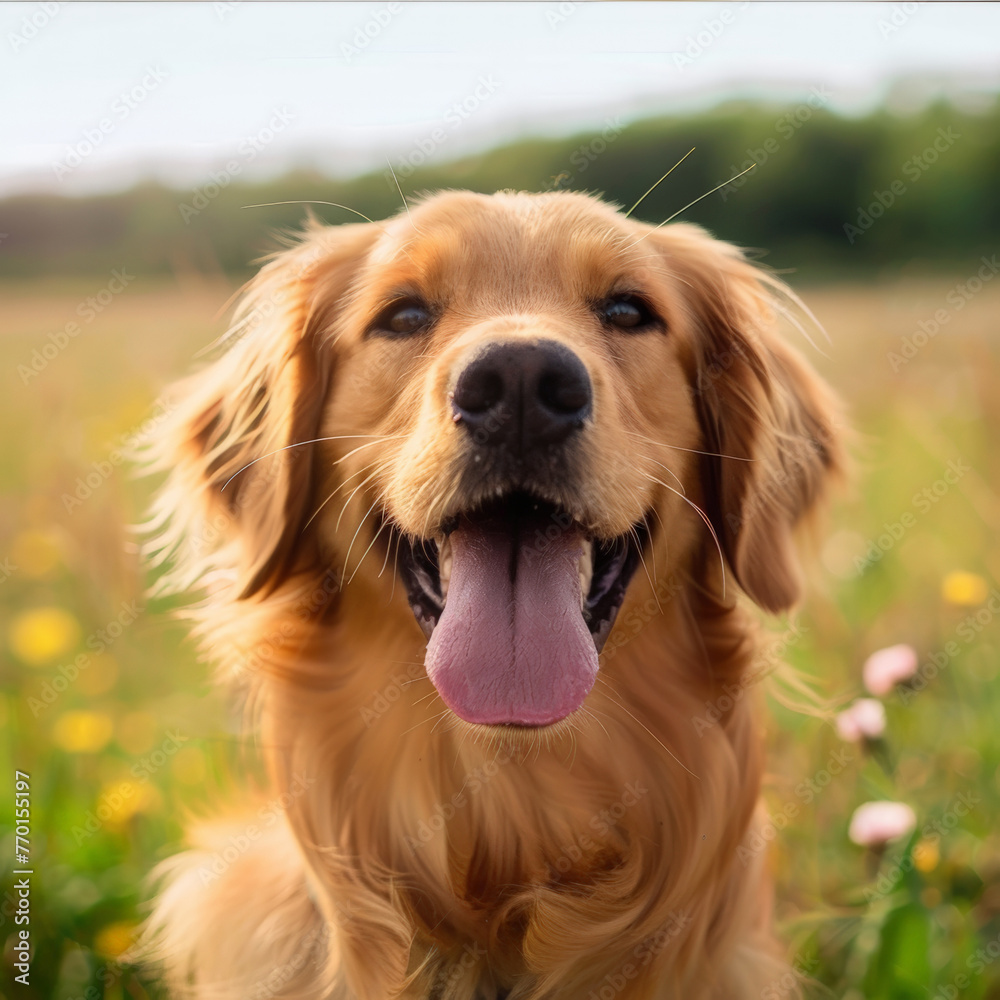 Smiling Golden Retriever Dog Enjoying Nature in Vibrant Summer Field