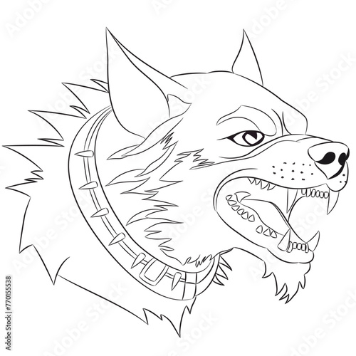 The head of an angry dog in a collar with spikes and bared fangs isolated on a white background.