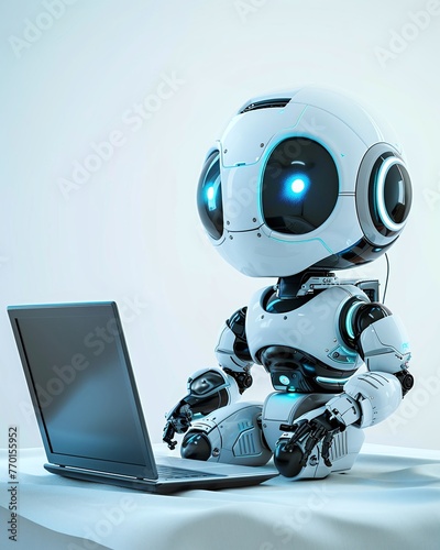 cute robot working on laptop © Spyrydon