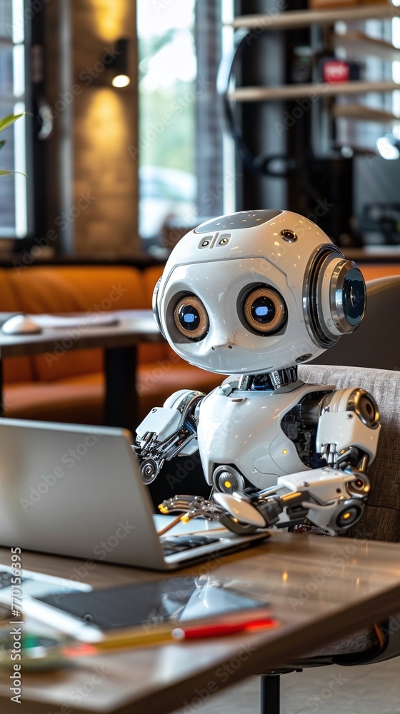 white robot working on laptop white robot working on laptop