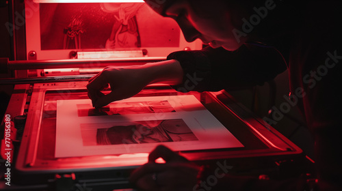 In a 1960s-style darkroom, a photographer adjusts an enlarger projecting a black and white image onto Ilford paper, under the glow of red safety lights. photo