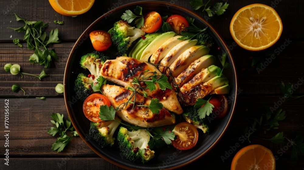 Top view of a plate with a balanced healthy meal of avocado, chicken slices, broccoli, cherry tomatoes, parsley and herbs on a brown wooden background with citrus fruits Top view of a plate with a balanced healthy meal of avocado, chicken slices, broccoli, cherry tomatoes, parsley and herbs on a brown wooden background with citrus fruits