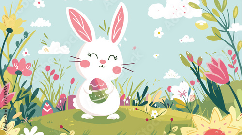 Happy Cartoon little bunny holding an Easter egg