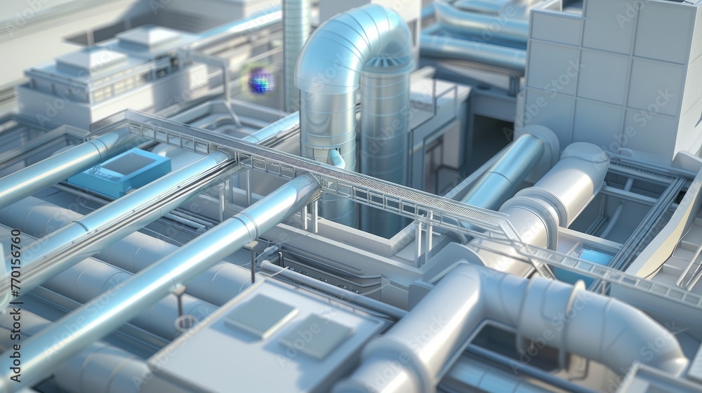 A 3D animated sequence showing air being filtered and circulated through a complex ventilation network