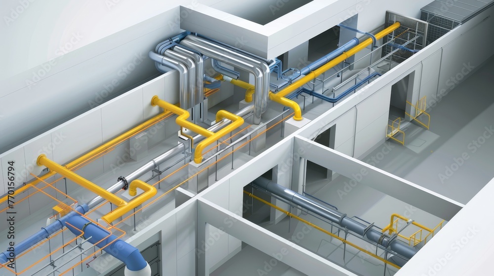 A 3D schematic of an underground ventilation system, demonstrating airflow management in confined spaces