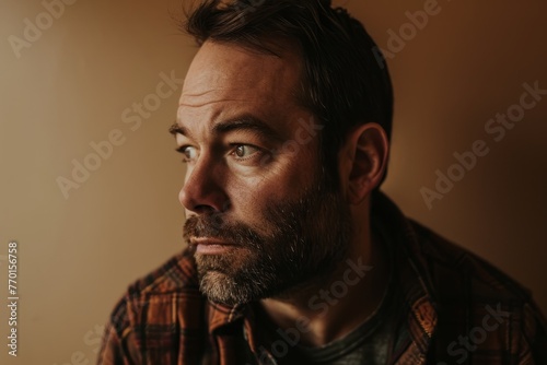 Handsome bearded man in a plaid shirt on a brown background