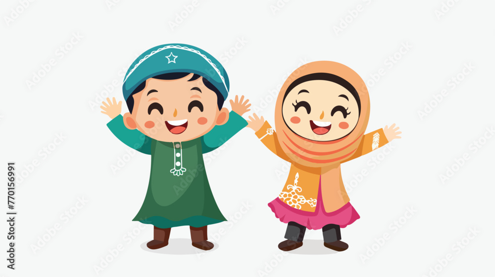  Happy muslim girl and boy cartoon