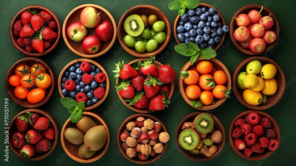 A variety of bright and fresh fruits, berries and nuts, neatly distributed in wooden bowls on a green background. Concept: Healthy food for a diet menu. Vitamins and microelements
A variety of bright and fresh fruits, berries and nuts, neatly distributed in wooden bowls on a green background. Concept: Healthy food for a diet menu. Vitamins and microelements