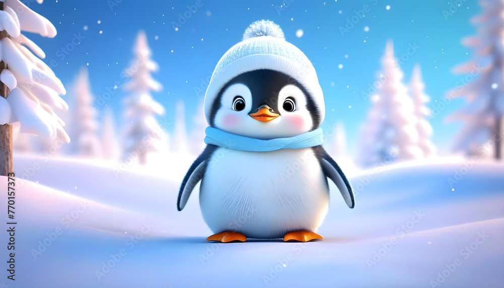 A 3D rendered image of a baby penguin wearing hat in a snowy winter scene A 3D rendered image of a baby penguin wearing hat in a snowy winter scene