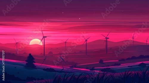 A vibrant sunset over a wind farm with turbines spinning and generating renewable energy. . .