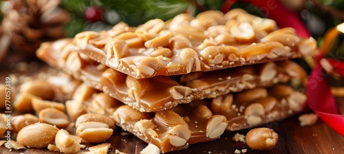 Vibrant holiday celebration with peanut brittle forming festive shapes and colorful accents.