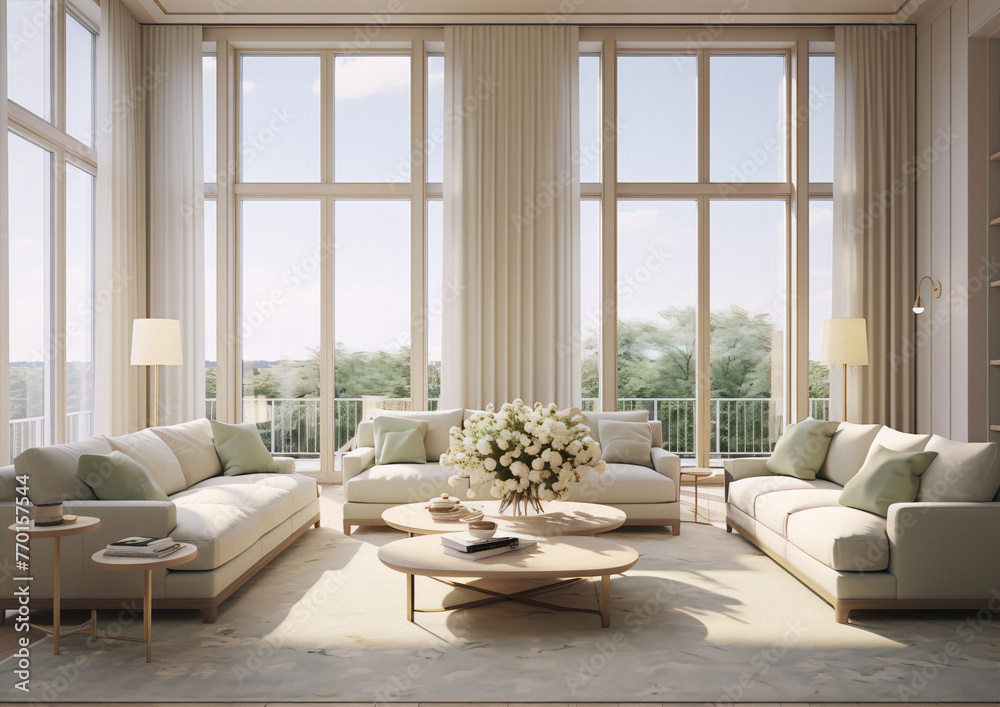 Bright airy living room with large windows, white walls, and soft furnishings in neutral colors, with a hint of green. Interior design, 3D rendering.