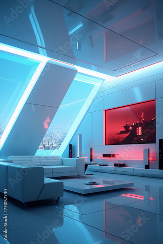 Futuristic living room interior with blue and red neon lights and large windows