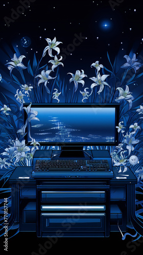 A glowing blue computer case and peripherals are set up in a field of white lilies against a starry night sky in the surrealism style. photo