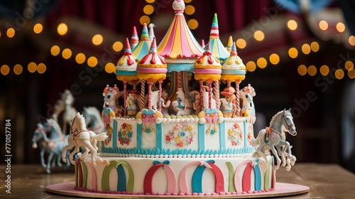 Carnival midway extravaganza cake with edible popcorn, game booths, and candles shaped like carousel horses, set against a background of colorful fairground attractions and balloons.